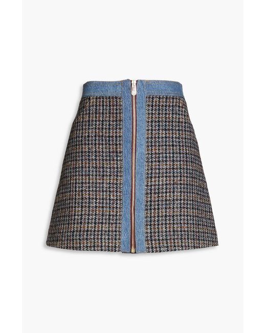 Sandro Mary Jane Denim-trimmed Checked Tweed Mini Skirt in Blue  