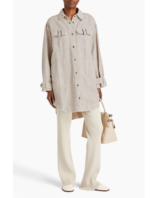 Brunello Cucinelli Natural Bead-embellished Cotton And Linen-blend Twill Shirt