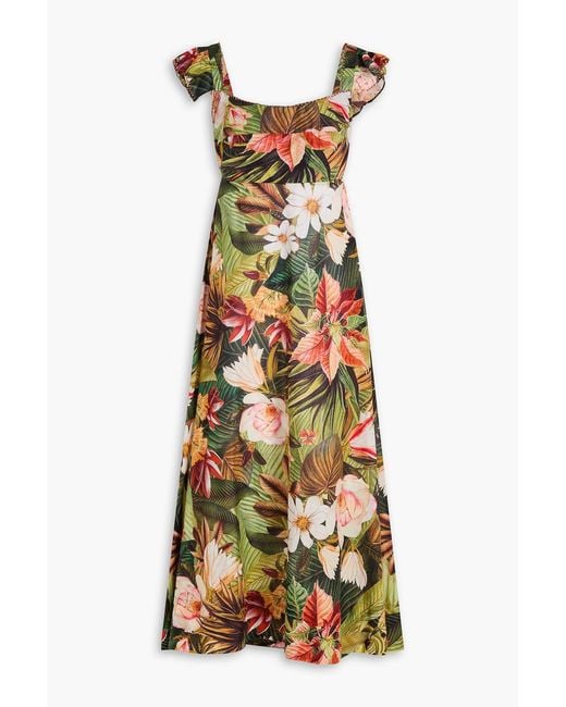 Farm Rio Green Ruffled Floral-print Cotton Midi Dress