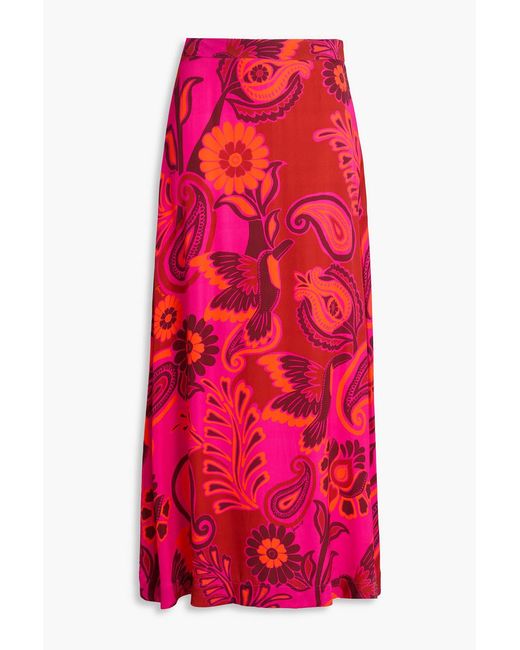 Farm Rio Red Printed Satin Maxi Skirt