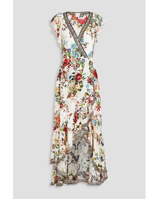 Camilla White Embellished Floral-print Silk Crepe De Chine Midi Wrap Dress