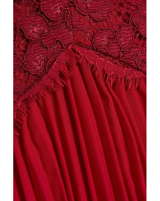 Zac Posen Red Pleated Corded Lace And Chiffon Gown