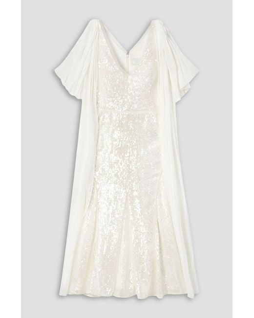 Erdem White Draped Chiffon-paneled Sequined Satin Midi Dress