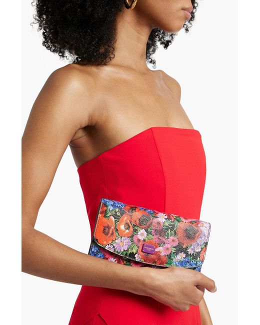 Dolce & Gabbana Red Floral-Print Pebbled-Leather Shoulder Bag