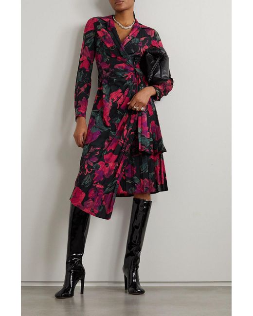 Dries Van Noten Red Asymmetrisches wickelkleid aus crêpe de chine mit blumenprint