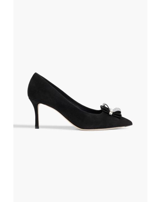 Ferragamo Black Winnie 70 Crystal-embellished Suede Pumps