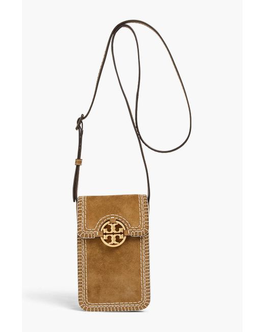 Tory Burch White Miller Embellished Suede Phone Pouch