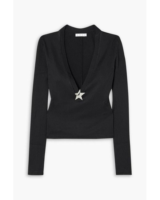 Area Black Embellished Ribbed-jersey Top