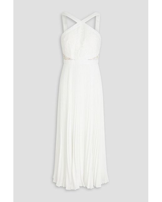 ML Monique Lhuillier White Guipure Lace-paneled Pleated Crepe Midi Dress