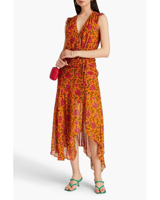 Veronica Beard Orange Dovima Ruched Wrap-effect Floral-print Silk-chiffon Maxi Dress