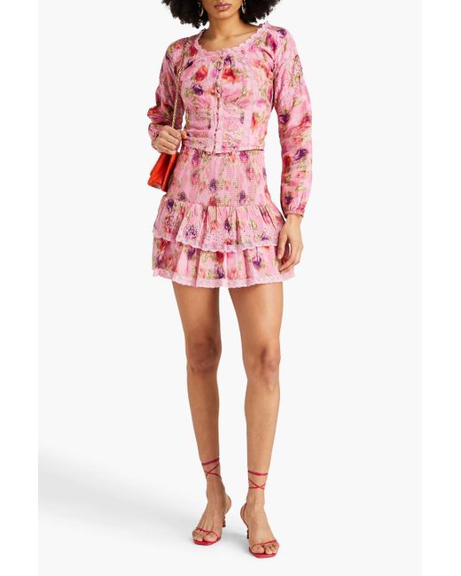 LoveShackFancy Pink Walker Tiered Floral-print Cotton-jacquard Mini Skirt
