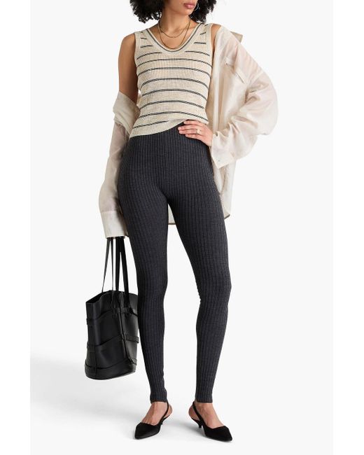 Brunello Cucinelli Natural Metallic Striped Ribbed-Knit Tank