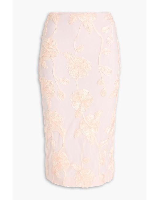 ROTATE BIRGER CHRISTENSEN Pink Satin-Trimmed Mesh Midi Pencil Skirt