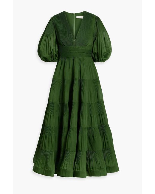 Zimmermann Green Tiered Plissé-organza Midi Dress