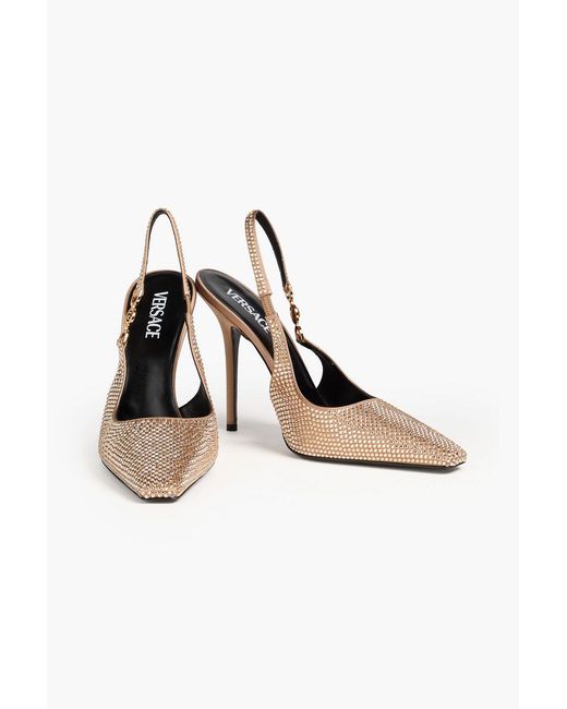 Versace White Medusa Crystal-Embellished Satin Slingback Pumps