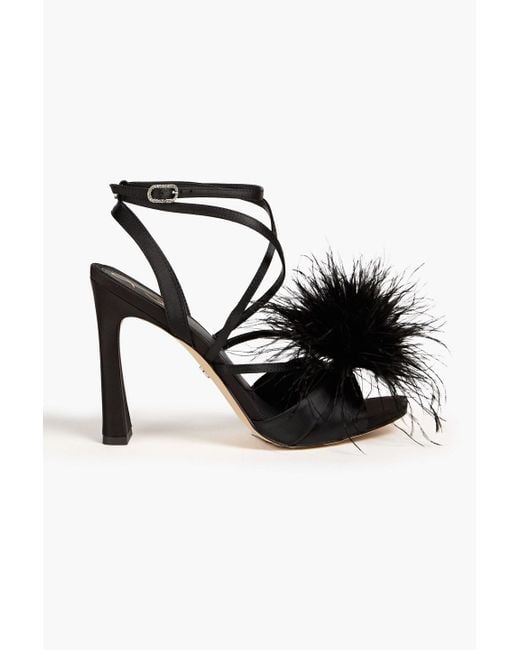 Sam Edelman Black Leon Feather-trimmed Satin Sandals