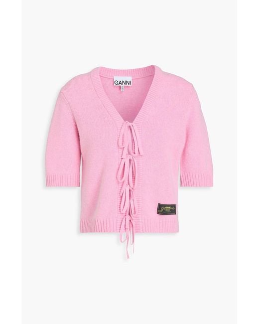 Ganni Pink Bow-detailed Wool-blend Cardigan