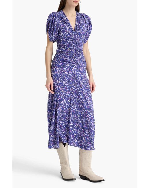 Isabel Marant Purple Lilia Ruched Printed Stretch-silk Midi Dress