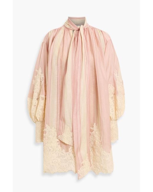 Zimmermann Pink Lace-Paneled Striped Linen And Silk-Blend Gauze Mini Dress