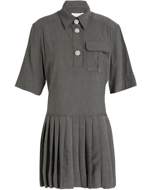 Ganni Gray Embellished Pleated Chambray Mini Shirt Dress