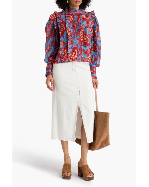 Farm Rio Red Bluse aus baumwoll-voile mit floralem print und rüschen