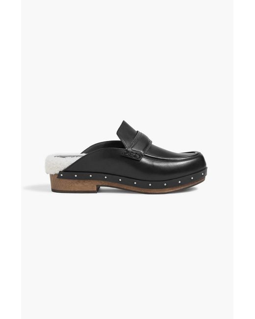 Brunello Cucinelli Black Shearling-Lined Bead-Embellished Leather Clogs