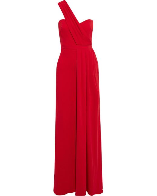 Badgley Mischka Red One-shoulder Pleated Stretch-crepe Gown