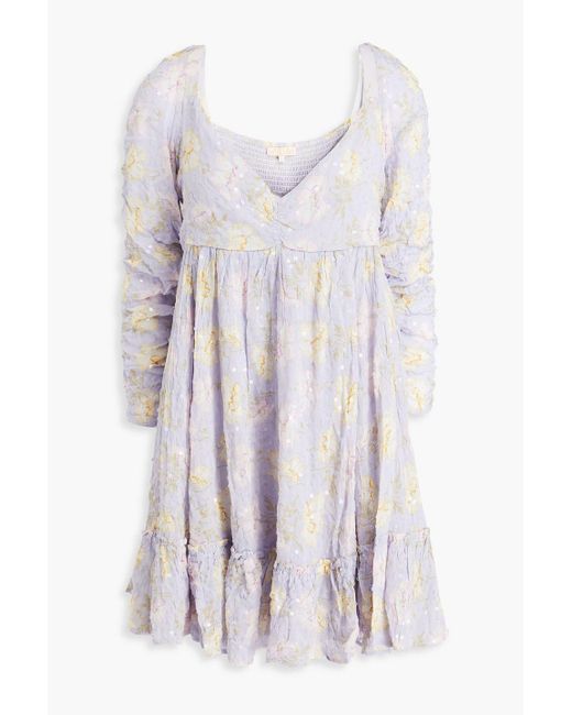 byTiMo White Ruffled Sequin-embellished Floral-print Crepe Mini Dress