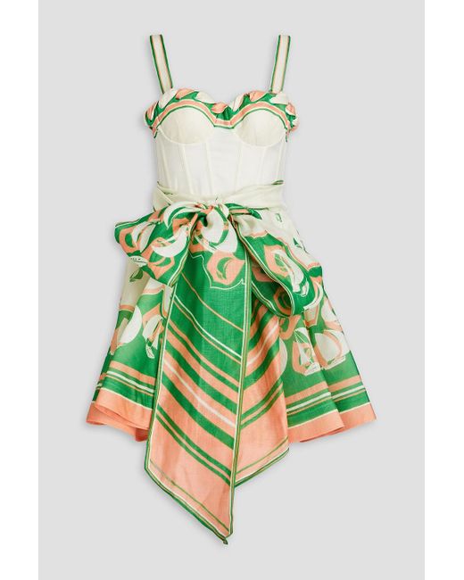 Zimmermann Green Belted Printed Linen And Silk-blend Mini Dress