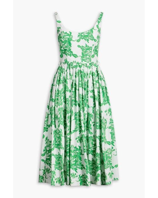 Emilia Wickstead Green Eglantine Pleated Printed Cotton-Poplin Midi Dress