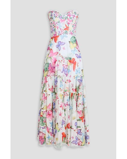 Charo Ruiz White Danny Strapless Tiered Printed Cotton-Blend Maxi Dress