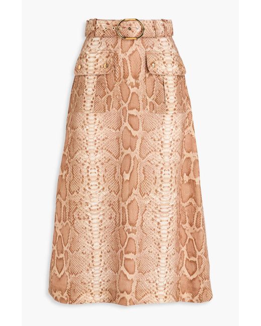 Zimmermann Natural Belted Snake-print Linen Midi Skirt