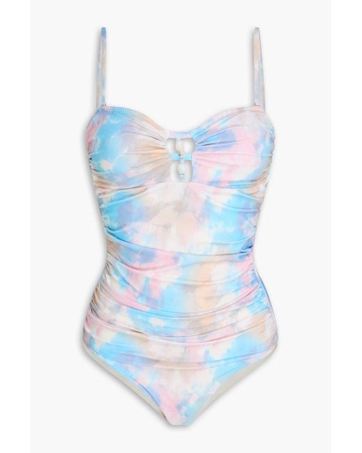 Ganni Blue Ruched Printed Swimsuit