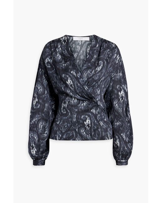 IRO Blue Zarfi Wrap-effect Printed Plissé-silk Blouse