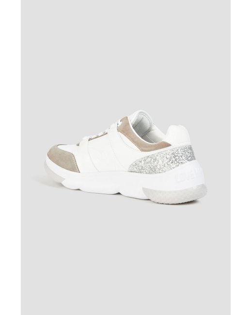 Love Moschino White Glittered Suede And Leather Sneakers