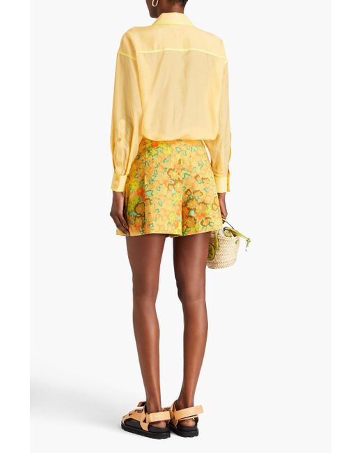 Tory Burch Yellow Pleated Floral-print Cotton-poplin Shorts