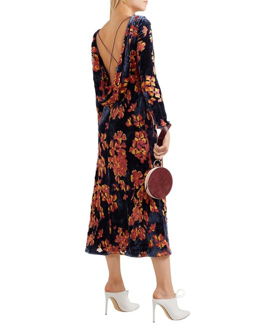 Saloni Red Floral-print Velvet Midi Dress
