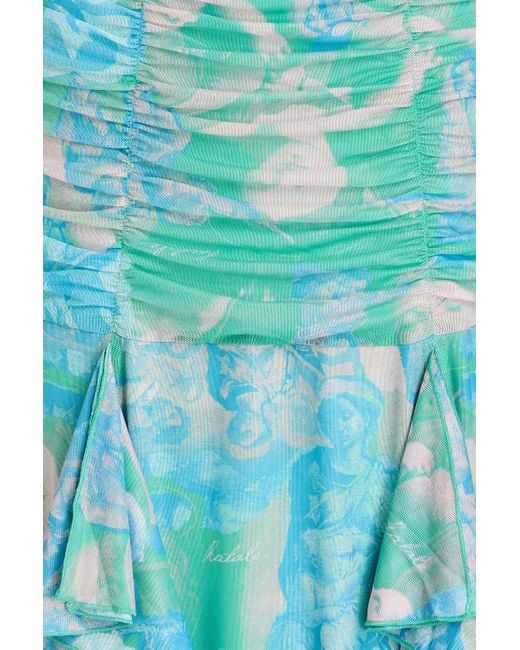 ROTATE BIRGER CHRISTENSEN Blue Cutout Ruffled Printed Mesh Maxi Dress
