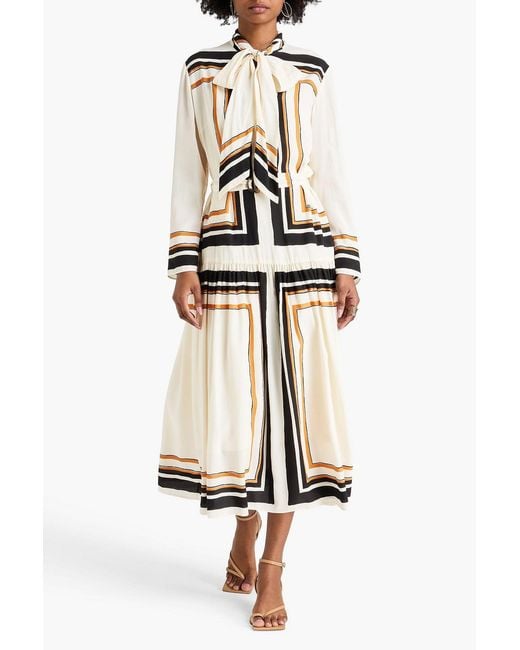 Zimmermann Natural Tie-Neck Printed Crepe De Chine Midi Dress