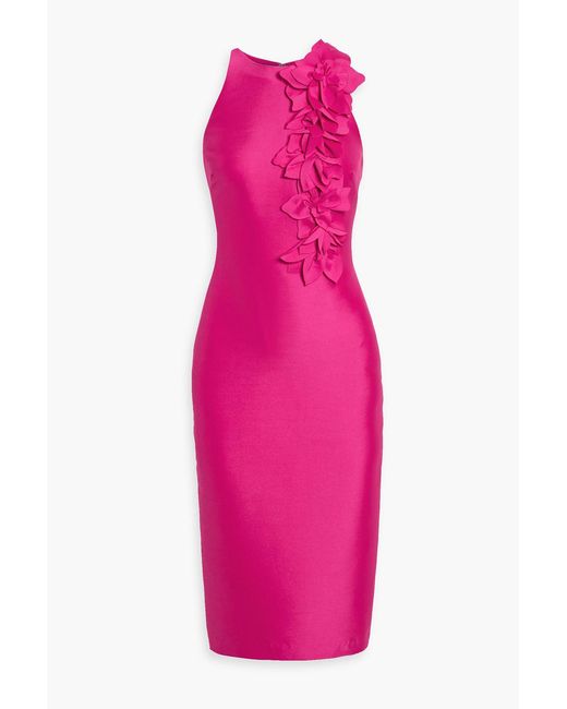 Badgley Mischka Pink Floral-Appliquéd Satin-Twill Dress