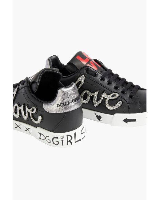 Dolce & Gabbana Black Glittered Printed Leather Sneakers