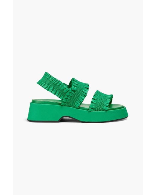Ganni Green Ruched Satin Platform Slingback Sandals