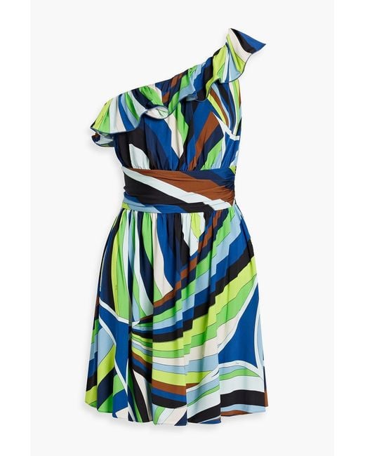 Emilio Pucci Blue One-shoulder Ruffled Printed Stretch-jersey Mini Dress