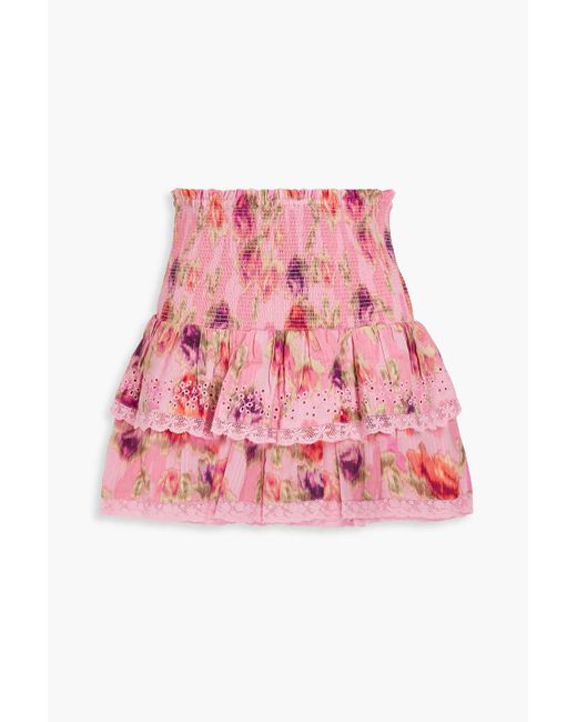 LoveShackFancy Pink Walker Tiered Floral-print Cotton-jacquard Mini Skirt