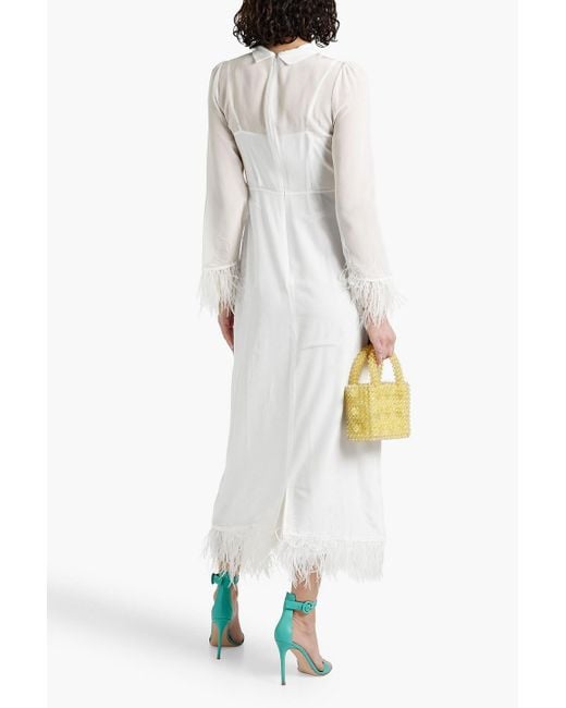 HVN White Elissa Feather-trimmed Silk Crepe De Chine Midi Dress