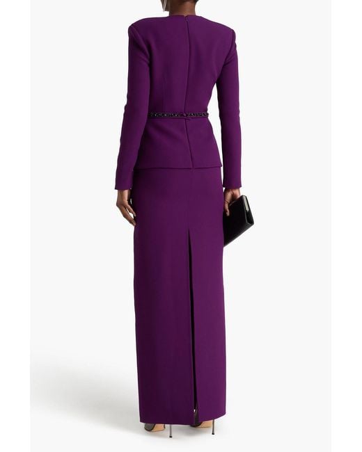 Safiyaa Purple Belted Crystal-Embellished Stretch-Crepe Peplum Maxi Dress
