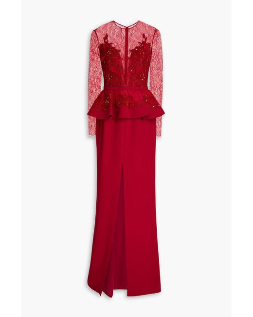 Zuhair Murad Red Embellished Chantilly Lace-paneled Silk-blend Crepe Gown