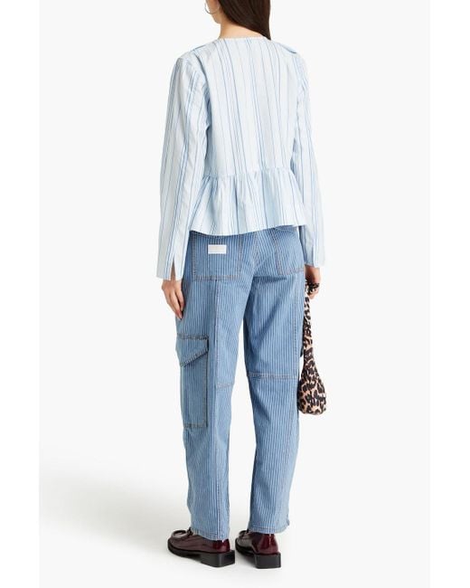 Ganni Blue Tie-front Striped Cotton-jacquard Top