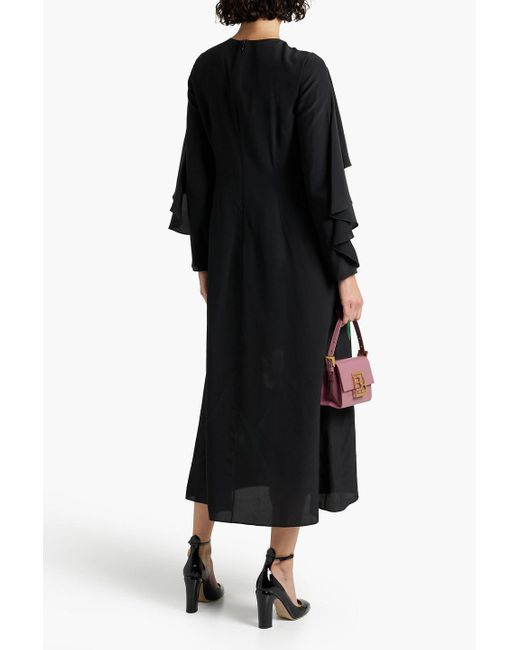 Valentino Garavani Black Ruffled Floral-print Silk Crepe De Chine Midi Dress