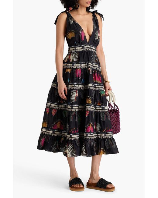 Farm Rio White Gestuftes midikleid aus baumwoll-voile mit print